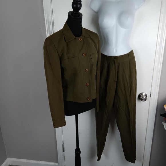 VINTAGE Worth Pant Suit Set Womens Jacket 2 Pants 4 Olive Silk Linen Blend 90s - Picture 1 of 16